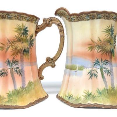 Pr of Nippon Sunset & Palm Tree Painted Pitchers