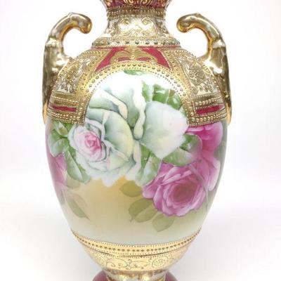 Nippon Painted Roses, Burgundy & Gold Urn Vase