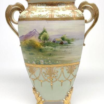 Nippon Mountain Landscape Painted Footed Vase