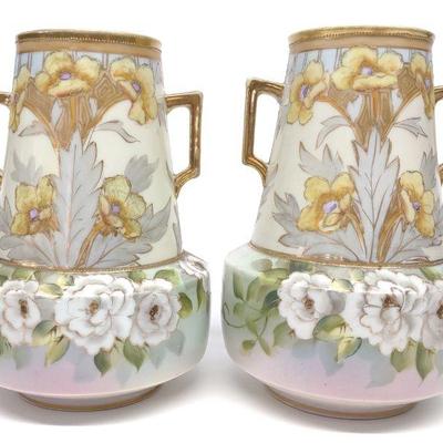Pr of Nippon White & Yellow Floral Decorated Vases