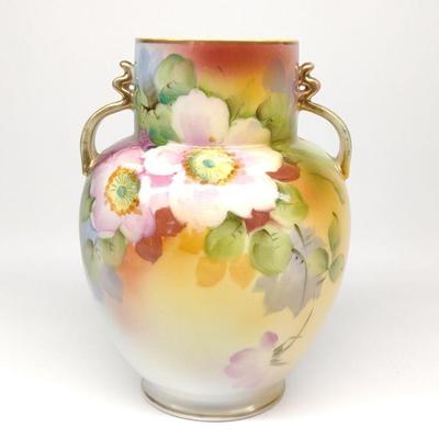 Nippon Pink Floral Double Handle Vase