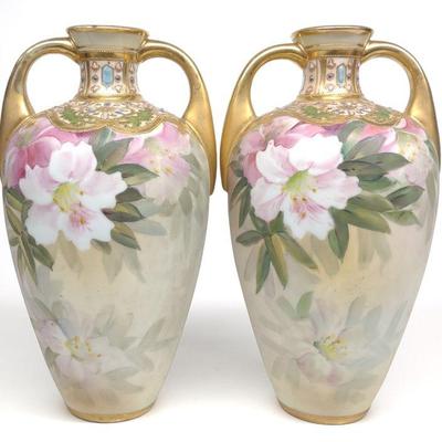 Pr of Nippon Pink Flower Jeweled Enamel Vases