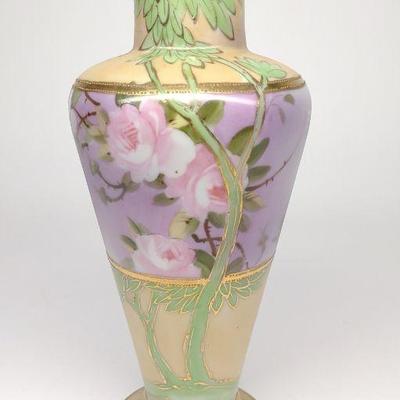 Nippon Green Tree & Rose Painted Vase