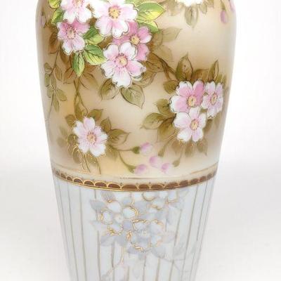 Nippon Pink Floral White Striped Porcelain Vase