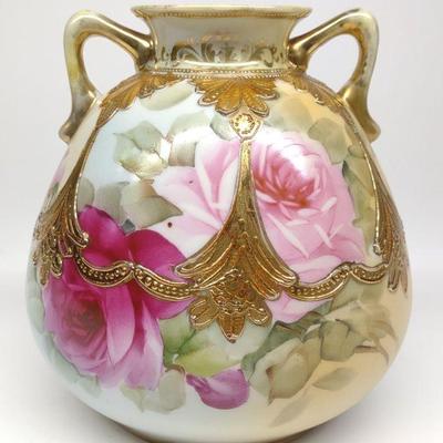 Nippon Floral Rose & Gold Round Vase