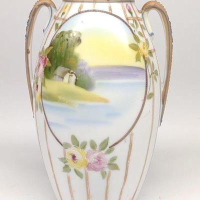 Nippon Farm & Lake Scene Painted Vase