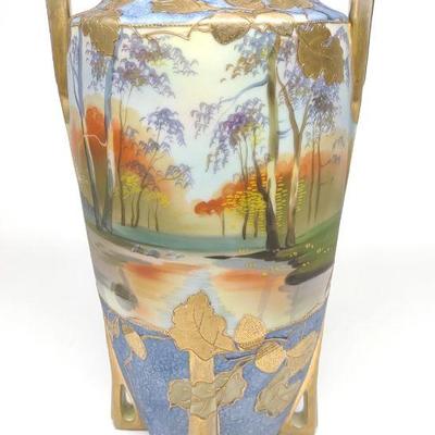 Nippon Woodland Scene Porcelain Urn Vase