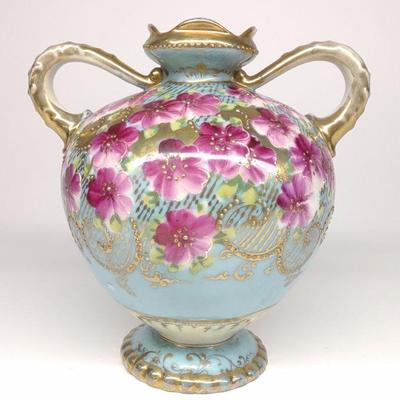 Nippon Teal Blue Pink Floral Painted Vase