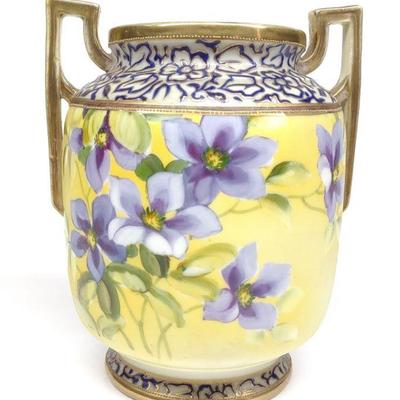 Nippon Floral Violets & Gold Enamel Vase