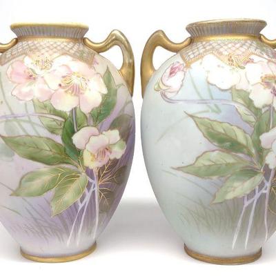 Pr of Nippon Blooming Pink Flower Vases