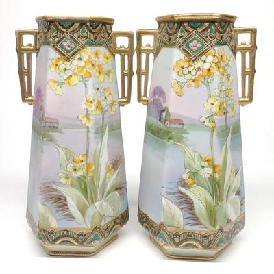 Pr of Nippon Jeweled Lake Scene Floral Vases
