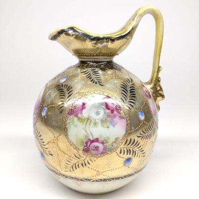 Nippon Jeweled Gold Floral Rose Ewer / Pitcher