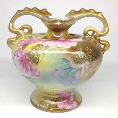 Nippon Raised Gold & Pink Floral Vase