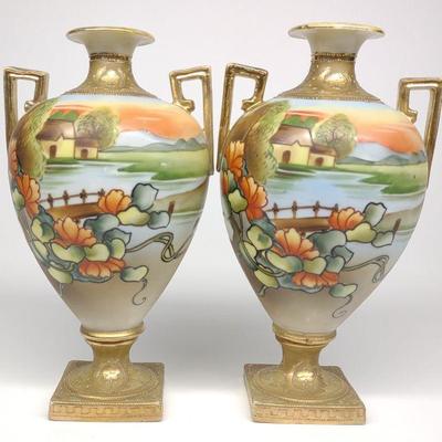 Pr of Nippon River Landscape Bolted Urn Vases