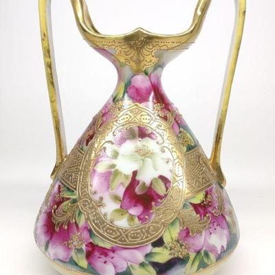 Nippon Pink Floral Gold Enamel Beaded Vase