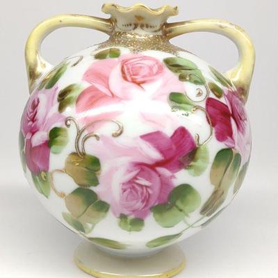 Nippon Squatted Round Floral Rose Decorated Vase