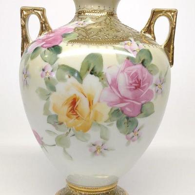 Nippon Pink & Yellow Rose w/ Gold Enamel Vase