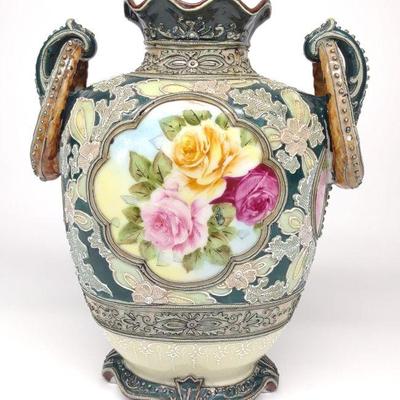 Nippon Moriage Floral Rose Ring Handled Vase