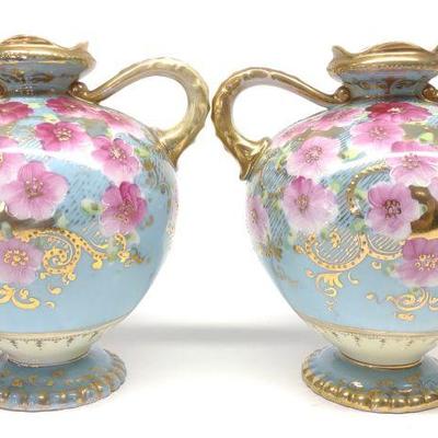 Pr of Nippon Prairie Rose Porcelain Vases