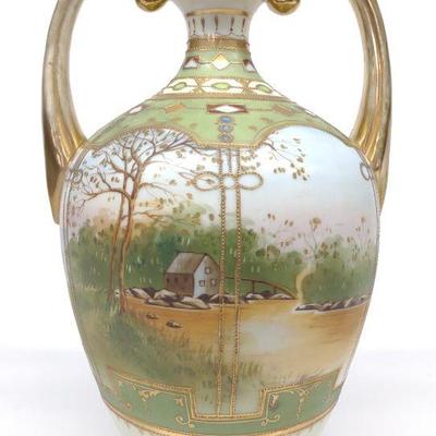 Nippon Lake Mill Scene Porcelain Vase