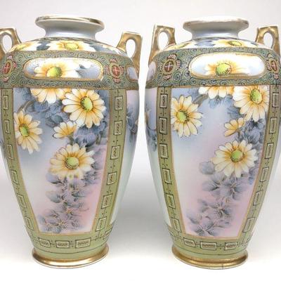 Pr of Nippon Daisy Flower & Enamel Vases