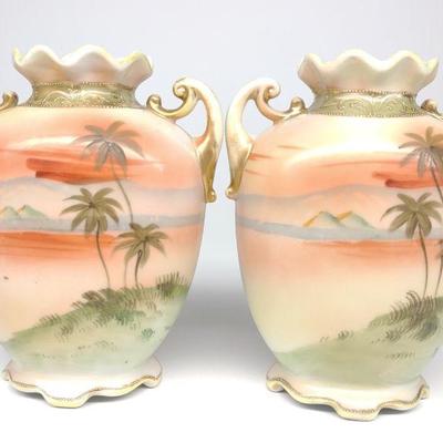 Pr of Nippon Palm Tree Landscape Scene Vases
