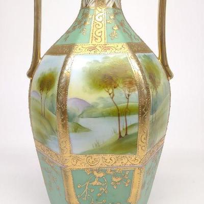 Nippon Teal Blue Rolling Hills River Scene Vase