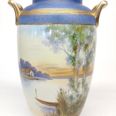 Nippon Lake Scene Painted Urn Vase