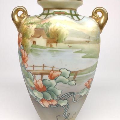 Nippon Painted Farm Landscape Scene Vase