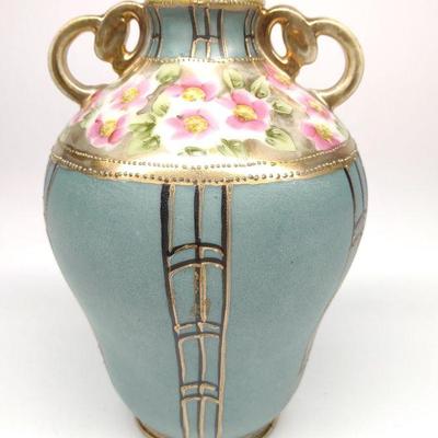 Nippon Blue Pink Floral Decorated Vase