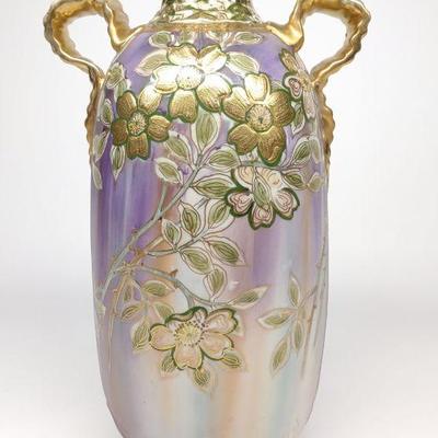 Nippon Raised Gold Floral Ribbon Handled Vase