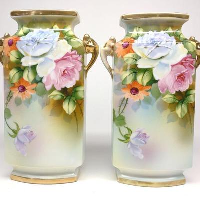 Pr of Nippon Floral Pink & Blue Rose Vases