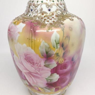 Nippon Pink Rose & Gold Jeweled Porcelain Vase