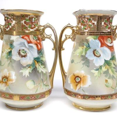 Pr of Nippon Floral Poppy Decorated Vases
