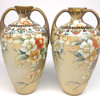 Pr of Nippon Floral Amphora Vases
