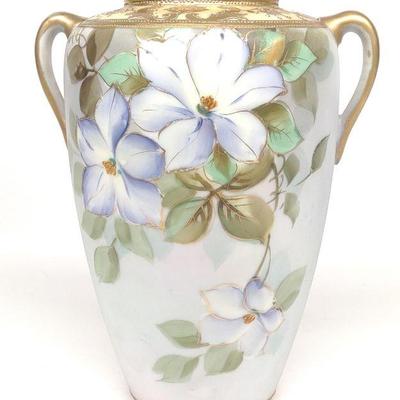 Nippon Double Handled Blue Floral Porcelain Vase