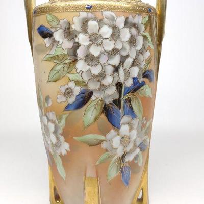 Nippon White Floral Jeweled Footed Vase