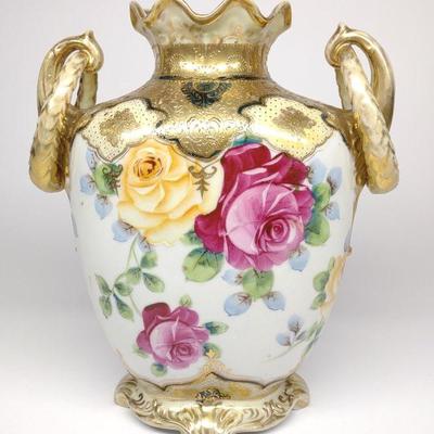 Nippon Floral Yellow & Pink Rose Ring Handled Vase