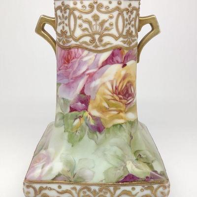 Nippon Square Floral Rose & Gold Vase