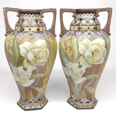 Pr of Nippon Zig Zag Floral Vases