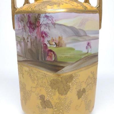 Nippon Yellow Lake Scene w/ Raised Gold Vase