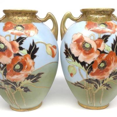 Pr of Nippon Poppy Decorated Twin Handle Vases