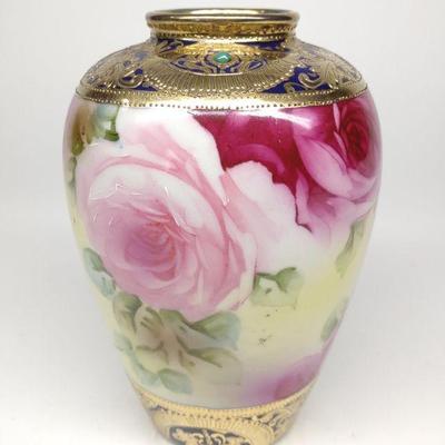 Nippon Cobalt Blue Jeweled Pink Rose Vase