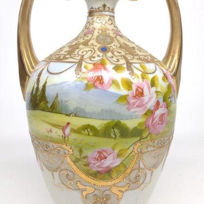 Nippon Pink Rose Mountain Scene Porcelain Vase
