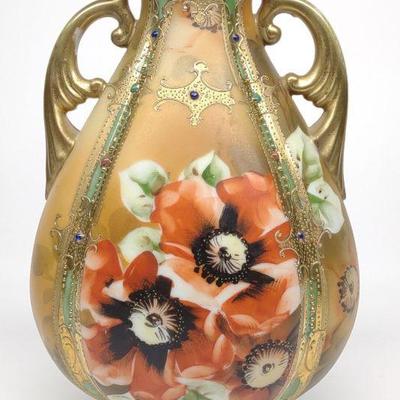 Nippon Floral Red Poppy & Gold Vase