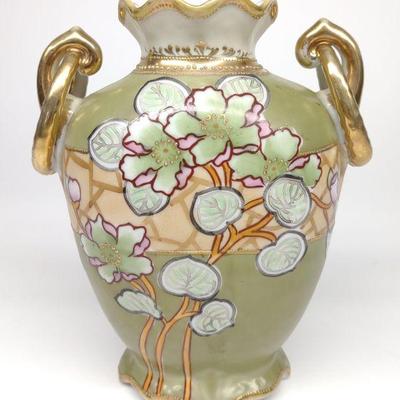 Nippon Floral Art Nouveau Green Ruffled Vase