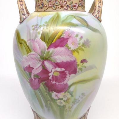 Nippon Floral Enamel Jeweling Footed Vase