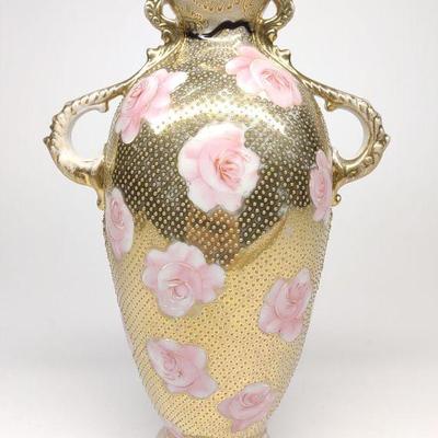Nippon Aqua Beaded Gold & Floral Rose Vase