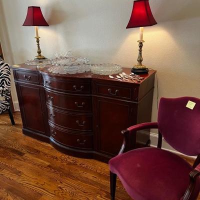 Cherry sideboard buffet and lamps