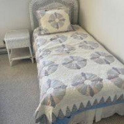 White Wicker Bed + Mattress and Bedding & Side Table